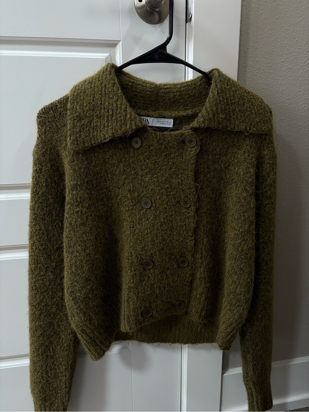 Zara Olive Green Double-Breasted Knit Cardigan